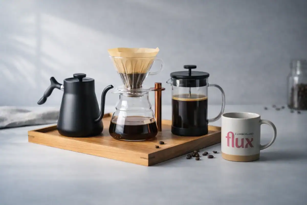 Pour-over coffee brewing setup with kettle, dripper, and mug on wooden tray.