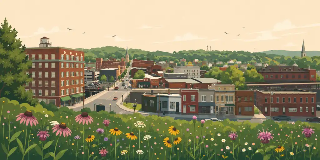 Illustrated view from a hilltop pollinator garden in full bloom overlooking downtown Cumberland's brick buildings and tree-lined streets