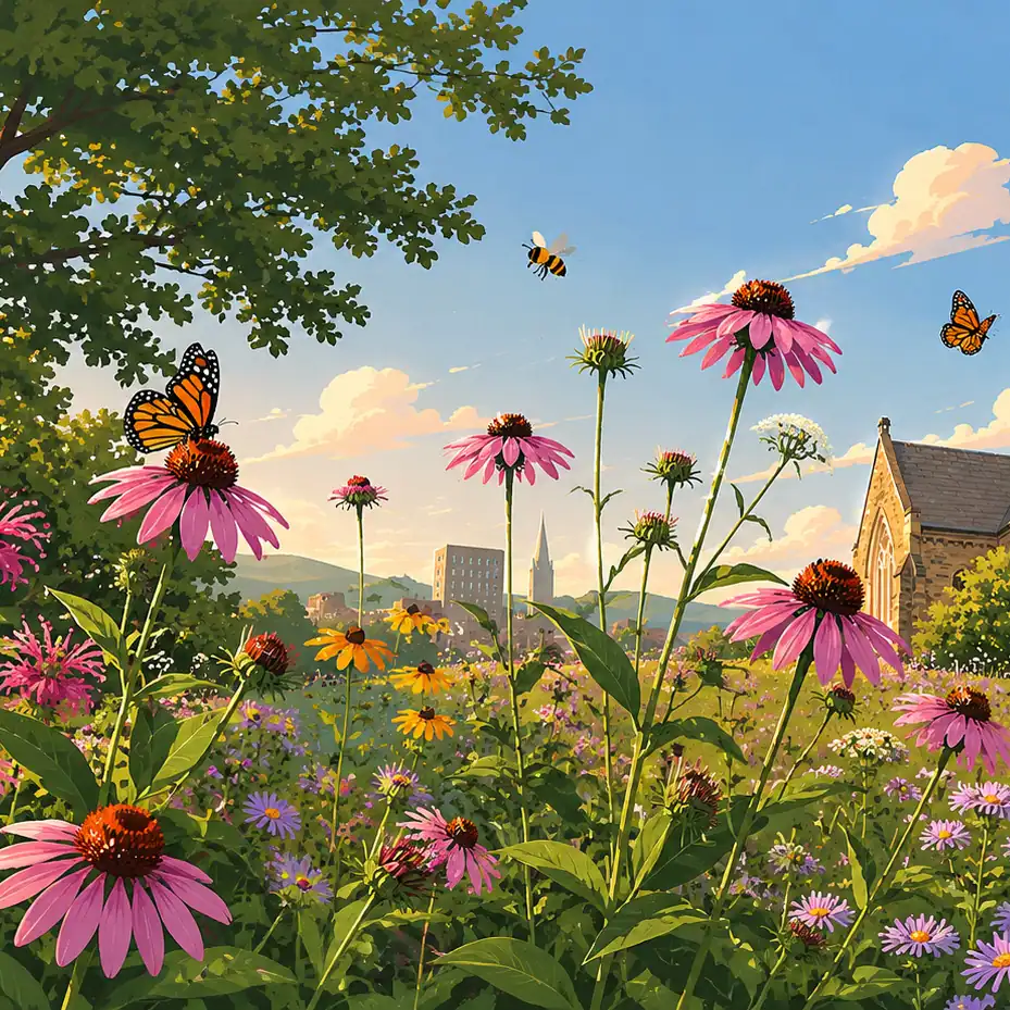 Bright wildflower garden with pink coneflowers, butterflies, and bees under a blue sky.
