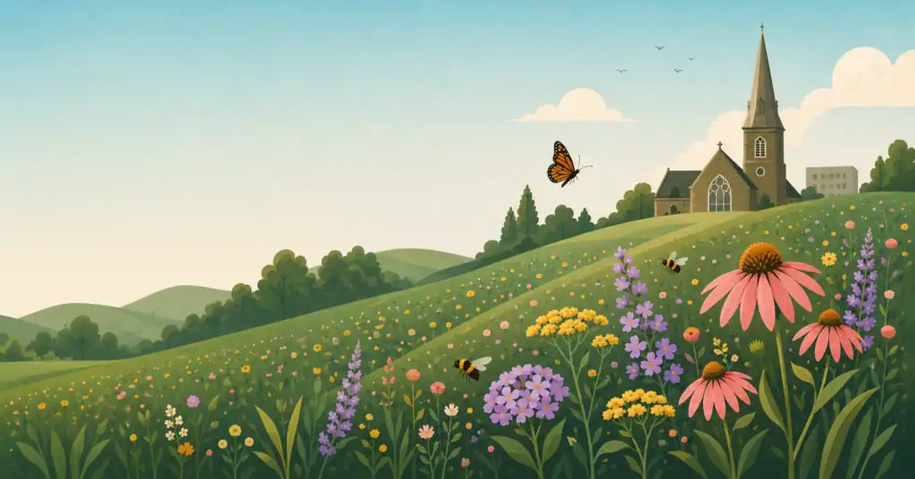 Illustrated hillside pollinator garden in full bloom with coneflowers, wildflowers, bees, and a monarch butterfly, with a church steeple visible at the top of the hill