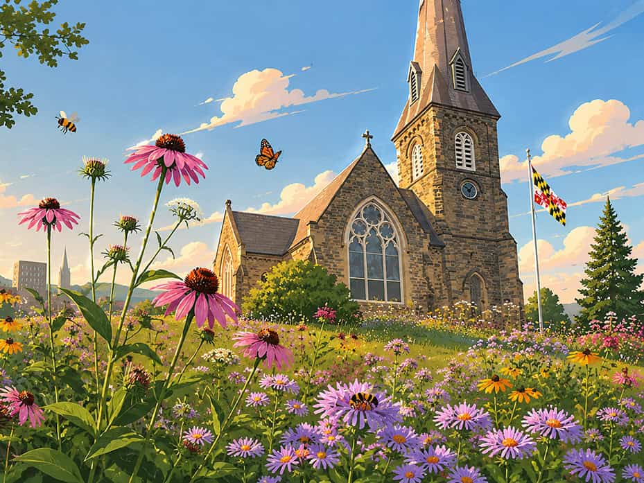 Historic church surrounded by colorful flowers and butterflies in a vibrant garden scene.