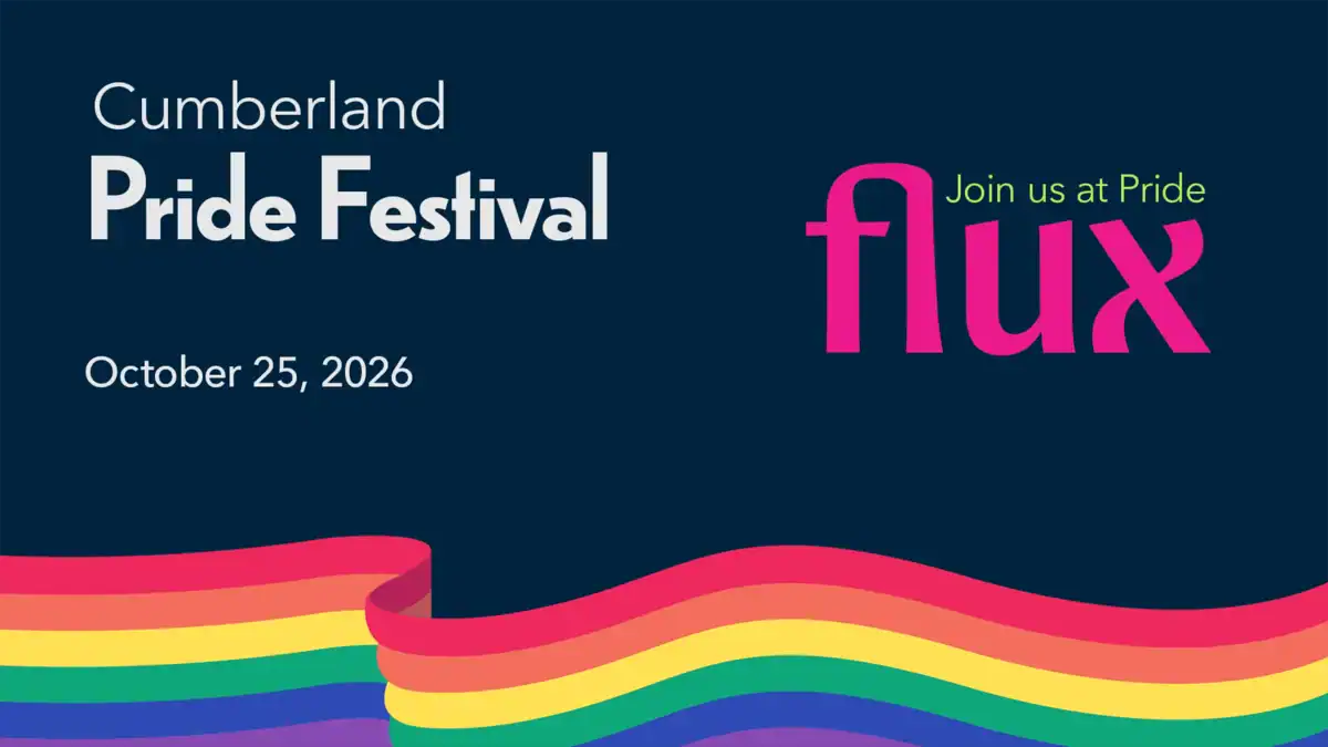 Bright rainbow wave with Pride Festival text promoting Cumberland Pride Festival on October 25, 2026.