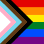 Progress Pride flag representing LGBTQ+ inclusivity, featuring rainbow stripes with transgender and BIPOC chevron