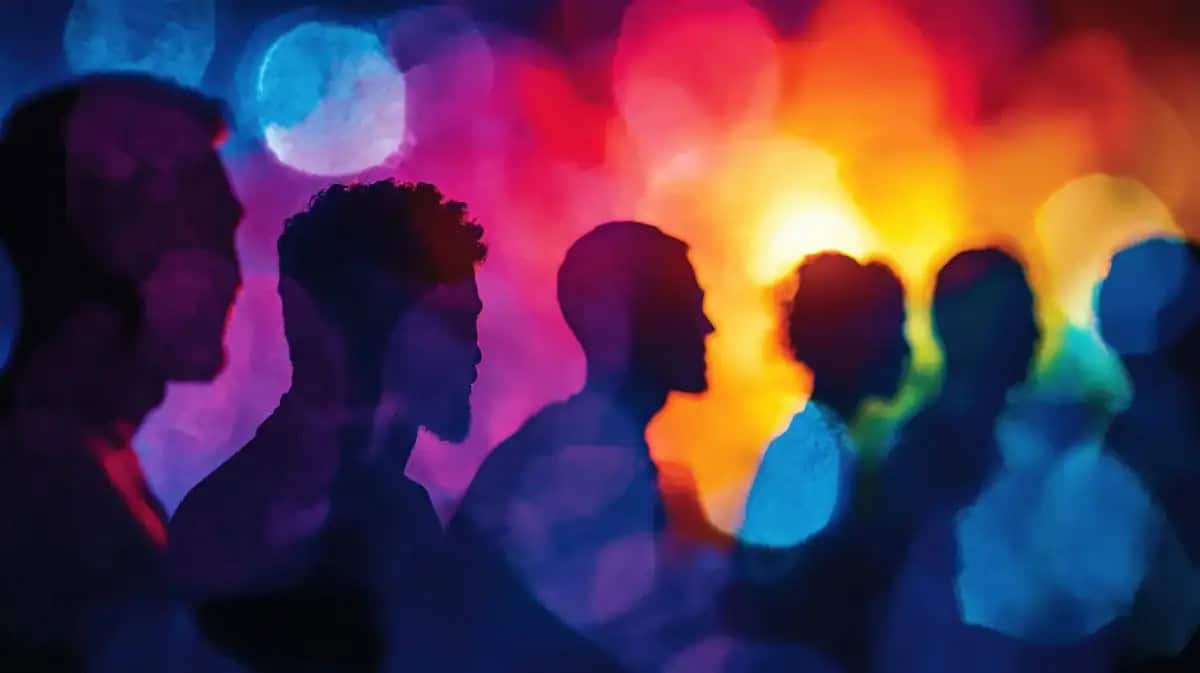 Silhouettes of a diverse group of people gathered together against a vibrant, colorful bokeh background. Cumberland Pride